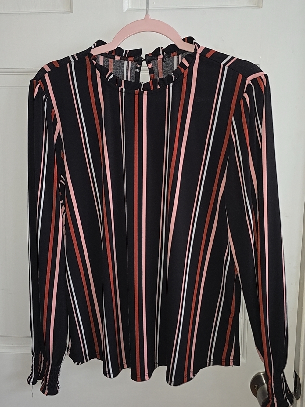 Women's Black Striped Long-Sleeve Blouse - Pink & Rust Accent